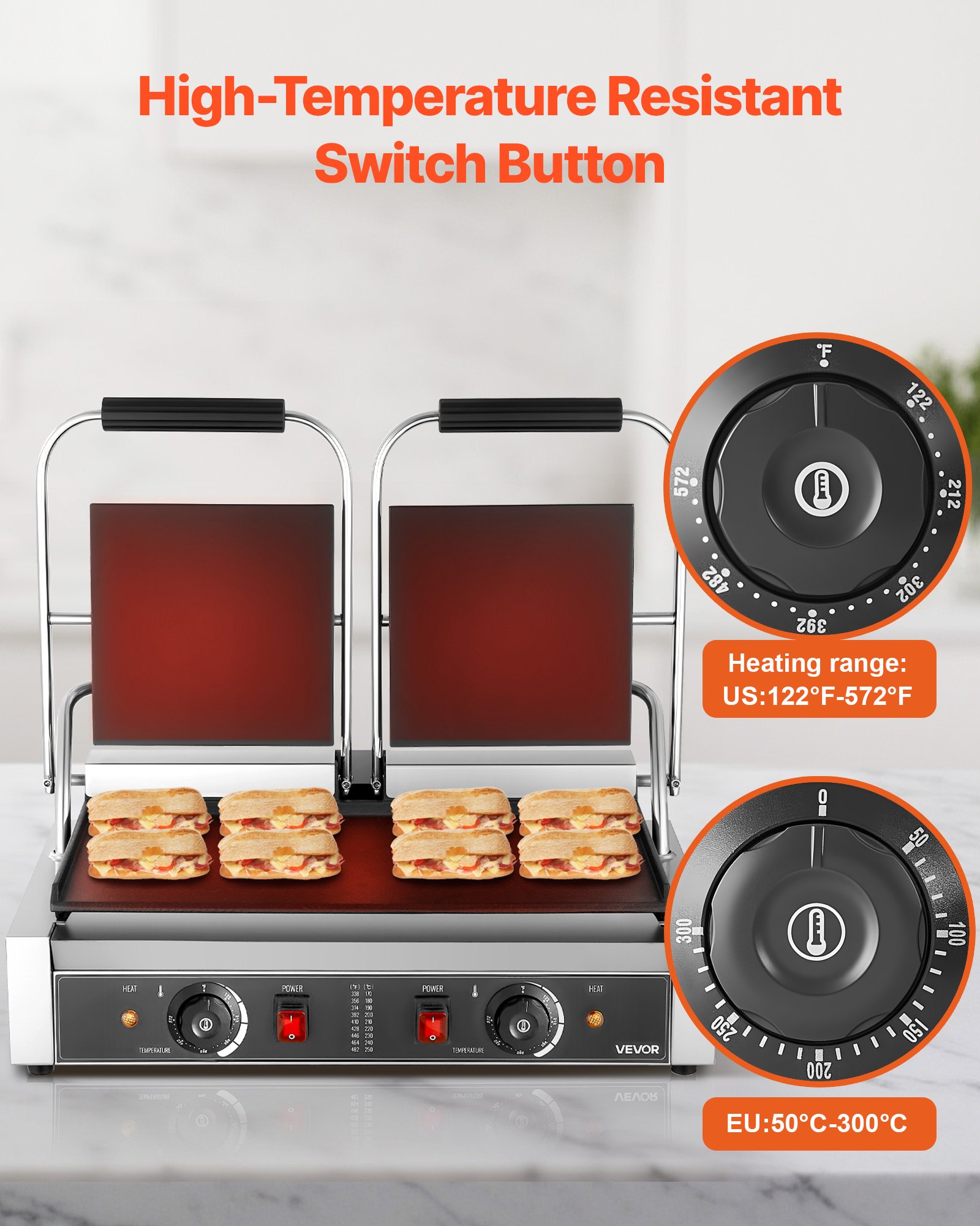 VEVOR Commercial Panini Grill, 3600W Electric Sandwich Panini Maker, Stainless Steel Double Sandwich Press, Panini Grill with Temp Control, 48x23cm Full Flat Enamel Plate, for Hamburger Steak Bacon