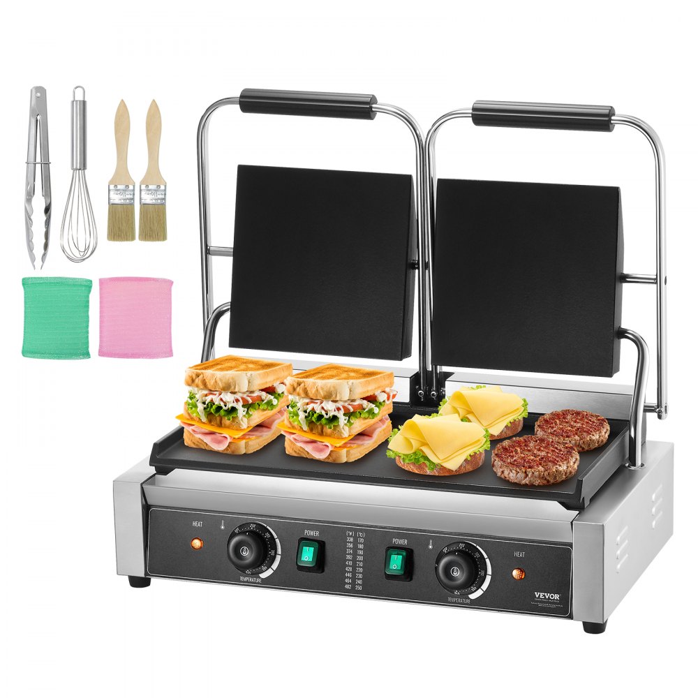 VEVOR panini press with adjustable plates cooking sandwiches, burgers, cheese, includes kitchen tools.