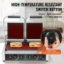 Prensa para panini VEVOR con sándwiches, interruptor resistente a altas temperaturas y rango de calentamiento de 122 °F a 572 °F.