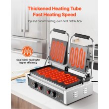 VEVOR Commercial Panini Press, 3600W Stainless Steel Electric Grill, Double Pressure Plate, Sandwich Maker with Temperature Control and Flat Enamel Plate, 485x230mm, for Hamburger, Beefsteak etc.