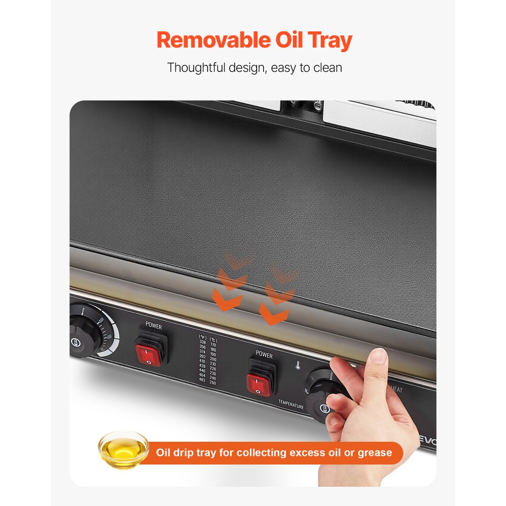 VEVOR Commercial Panini Grill, 3600W Electric Sandwich Panini Maker, Stainless Steel Double Sandwichs Press Grill with Handle and Temp Control, 19x9 in Flat Enamel Plate for Hamburger Steak Bacon
