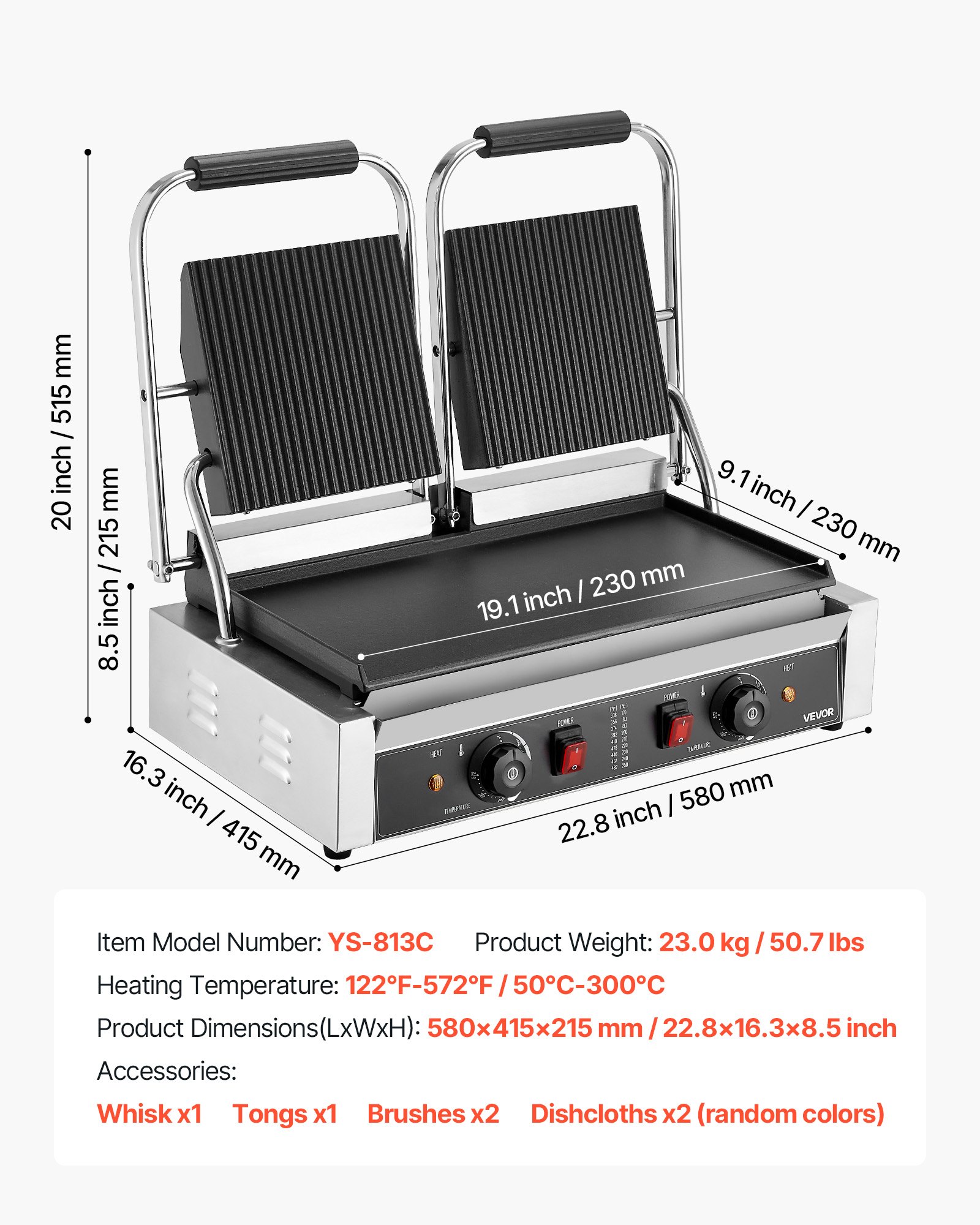 VEVOR Commercial Panini Grill, 3600W Electric Sandwich Panini Maker, Stainless Steel Double Sandwichs Press Grill with Handle and Temp Control, 19x9 in Flat Enamel Plate for Hamburger Steak Bacon