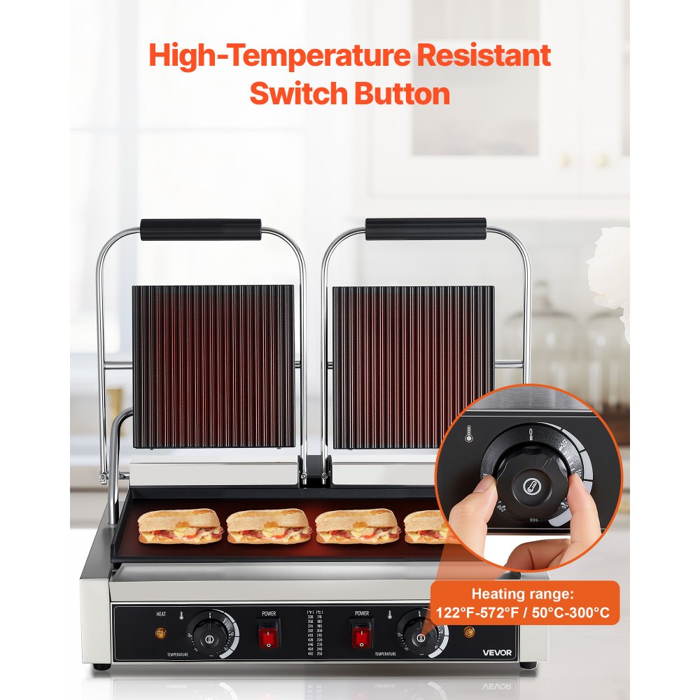 VEVOR Commercial Panini Grill, 3600W Electric Sandwich Panini Maker, Stainless Steel Double Sandwich Press Grill, Panini Grill with Temp Control, 48x23cm Flat Enamel Plate for Hamburger Steak Bacon