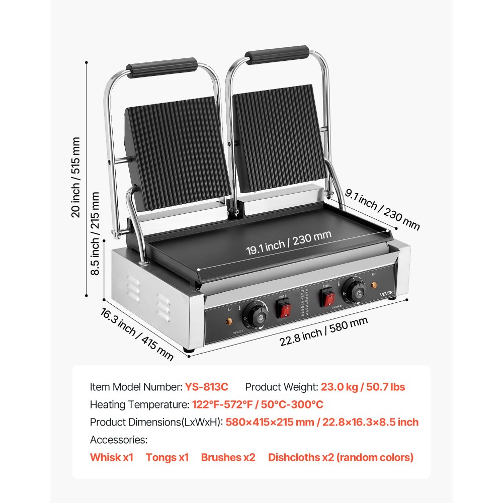VEVOR Commercial Panini Grill, 3600W Electric Sandwich Panini Maker, Stainless Steel Double Sandwich Press Grill, Panini Grill with Temp Control, 48x23cm Flat Enamel Plate for Hamburger Steak Bacon
