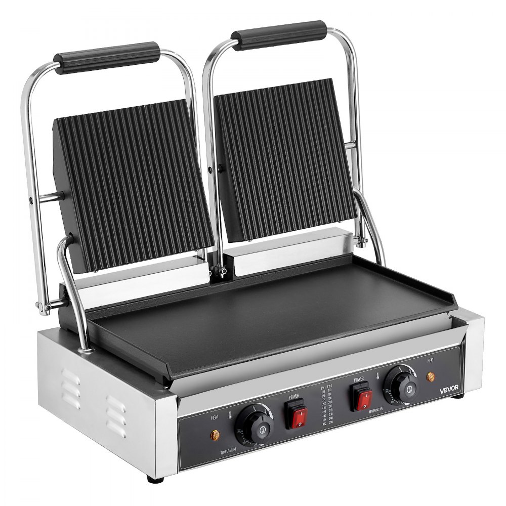 VEVOR Commercial Panini Grill, 3600W Electric Sandwich Panini Maker, Stainless Steel Double Sandwich Press Grill, Panini Grill with Temp Control, 48x23cm Flat Enamel Plate for Hamburger Steak Bacon