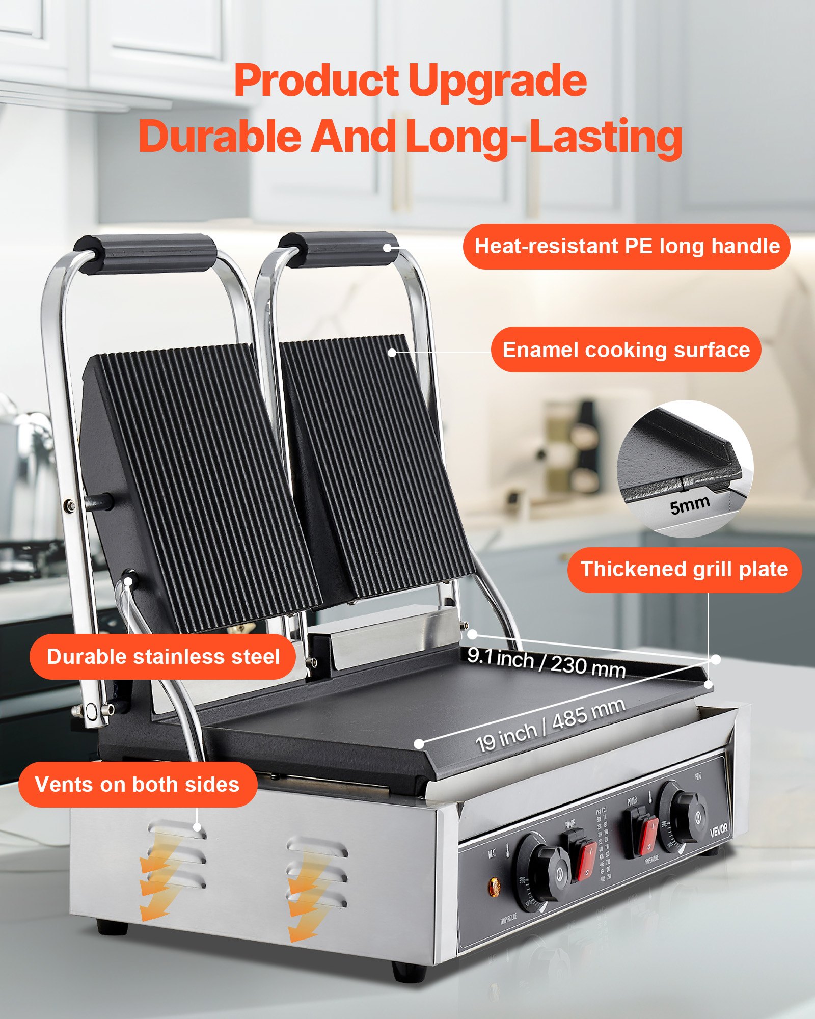 VEVOR Commercial Panini Grill, 3600W Electric Sandwich Panini Maker, Stainless Steel Double Sandwich Press Grill, Panini Grill with Temp Control, 48x23cm Flat Enamel Plate for Hamburger Steak Bacon