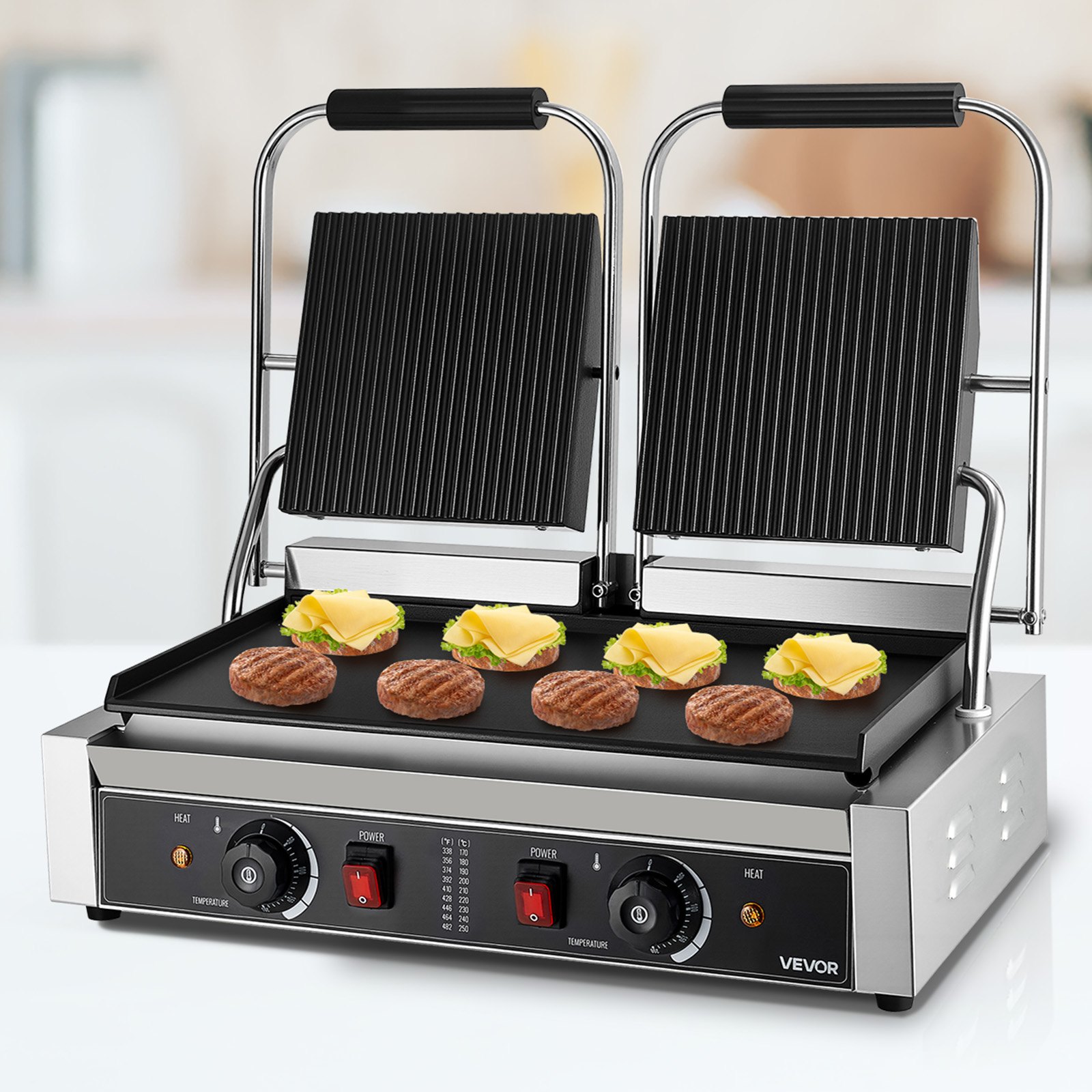 VEVOR Commercial Panini Grill, 3600W Electric Sandwich Panini Maker, Stainless Steel Double Sandwich Press Grill, Panini Grill with Temp Control, 48x23cm Flat Enamel Plate for Hamburger Steak Bacon