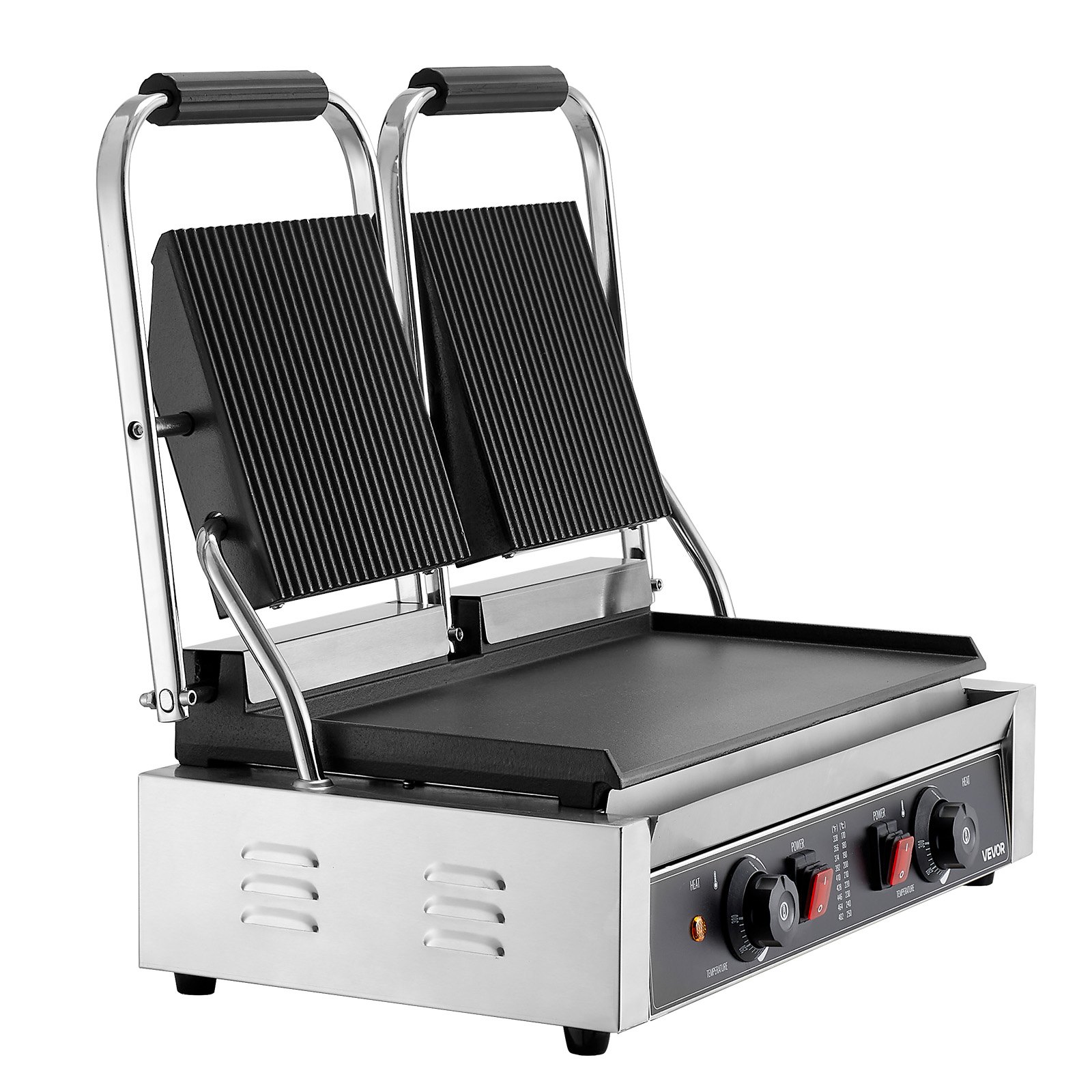VEVOR Commercial Panini Grill, 3600W Electric Sandwich Panini Maker, Stainless Steel Double Sandwich Press Grill, Panini Grill with Temp Control, 48x23cm Flat Enamel Plate for Hamburger Steak Bacon