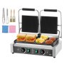 VEVOR panini press with sandwiches, burgers, brushes, tongs, and whisk. dual grill plates in open position.