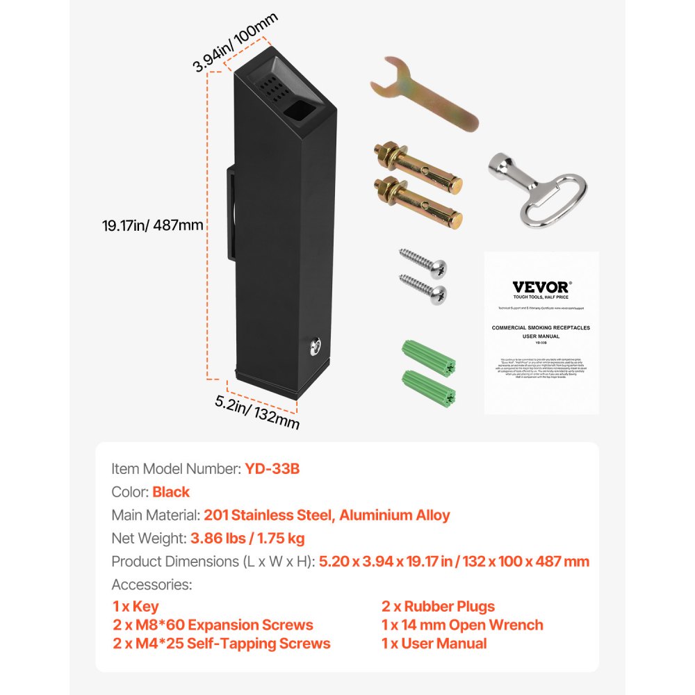 VEVOR Cigarette Butt Receptacle, Stainless Steel Cuboid Cigarette Butt Container, Wall Mounted and Weatherproof Outdoor Cigarette Butt Disposal for Garden, Office, Restaurant, Hotel, Bar, Black