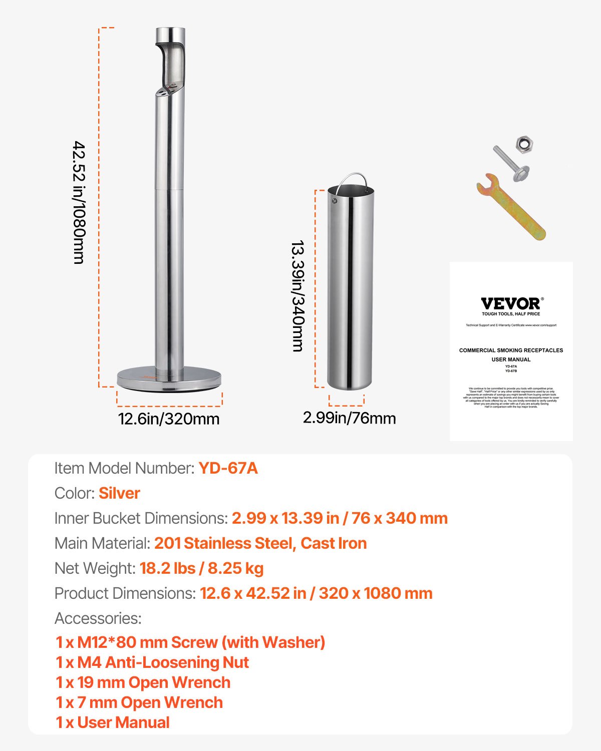 VEVOR Cigarette Butt Receptacle, Stainless Steel Cylinder Cigarette Butt Container, Freestanding and Weatherproof Outdoor Cigarette Butt Disposal for Garden, Office, Restaurant, Hotel, Bar, Silver