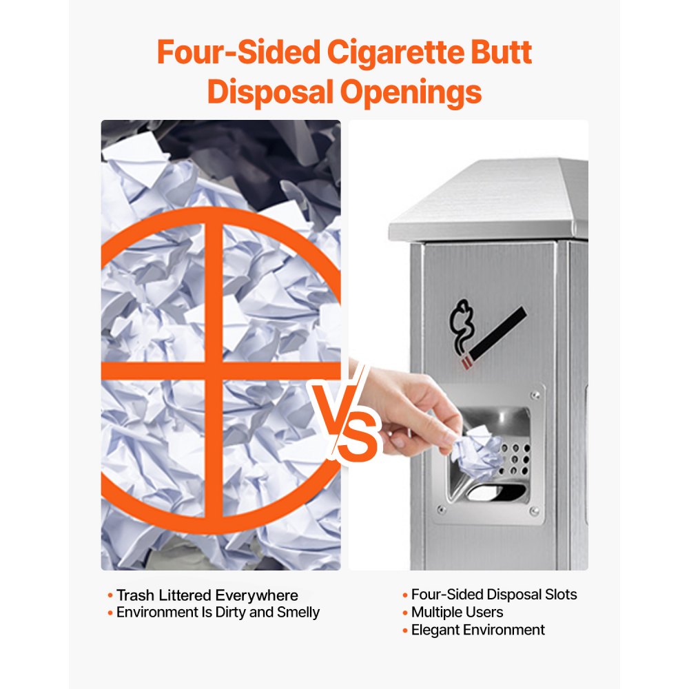 VEVOR Cigarette Butt Receptacle, Square Cigarette Butt Container with 4 Disposal Openings & Top Cover, Stainless Steel Outdoor Cigarette Butt Disposal for Garden, Office, Restaurant, Hotel, Silver