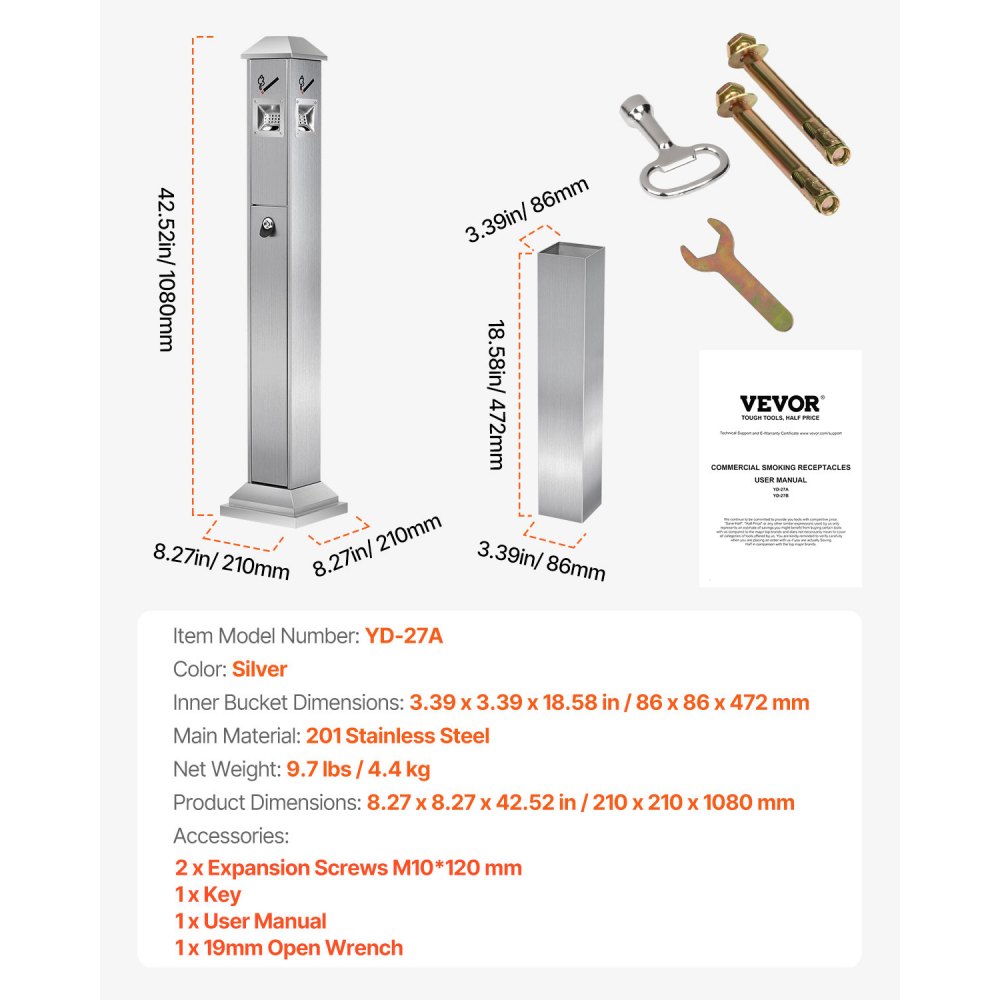 VEVOR Cigarette Butt Receptacle, Square Cigarette Butt Container with 4 Disposal Openings & Top Cover, Stainless Steel Outdoor Cigarette Butt Disposal for Garden, Office, Restaurant, Hotel, Silver