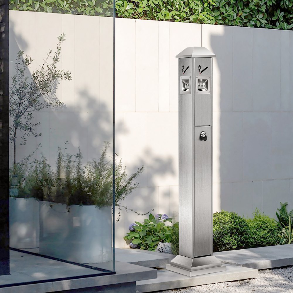 VEVOR Cigarette Butt Receptacle, Square Cigarette Butt Container with 4 Disposal Openings & Top Cover, Stainless Steel Outdoor Cigarette Butt Disposal for Garden, Office, Restaurant, Hotel, Silver