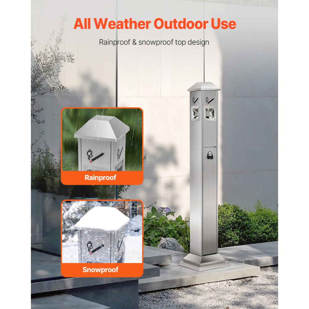 VEVOR Cigarette Butt Receptacle, Square Cigarette Butt Container with 4 Disposal Openings & Top Cover, Stainless Steel Outdoor Cigarette Butt Disposal for Garden, Office, Restaurant, Hotel, Silver
