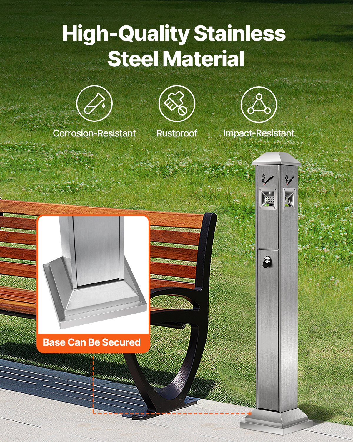 VEVOR Cigarette Butt Receptacle, Square Cigarette Butt Container with 4 Disposal Openings & Top Cover, Stainless Steel Outdoor Cigarette Butt Disposal for Garden, Office, Restaurant, Hotel, Silver