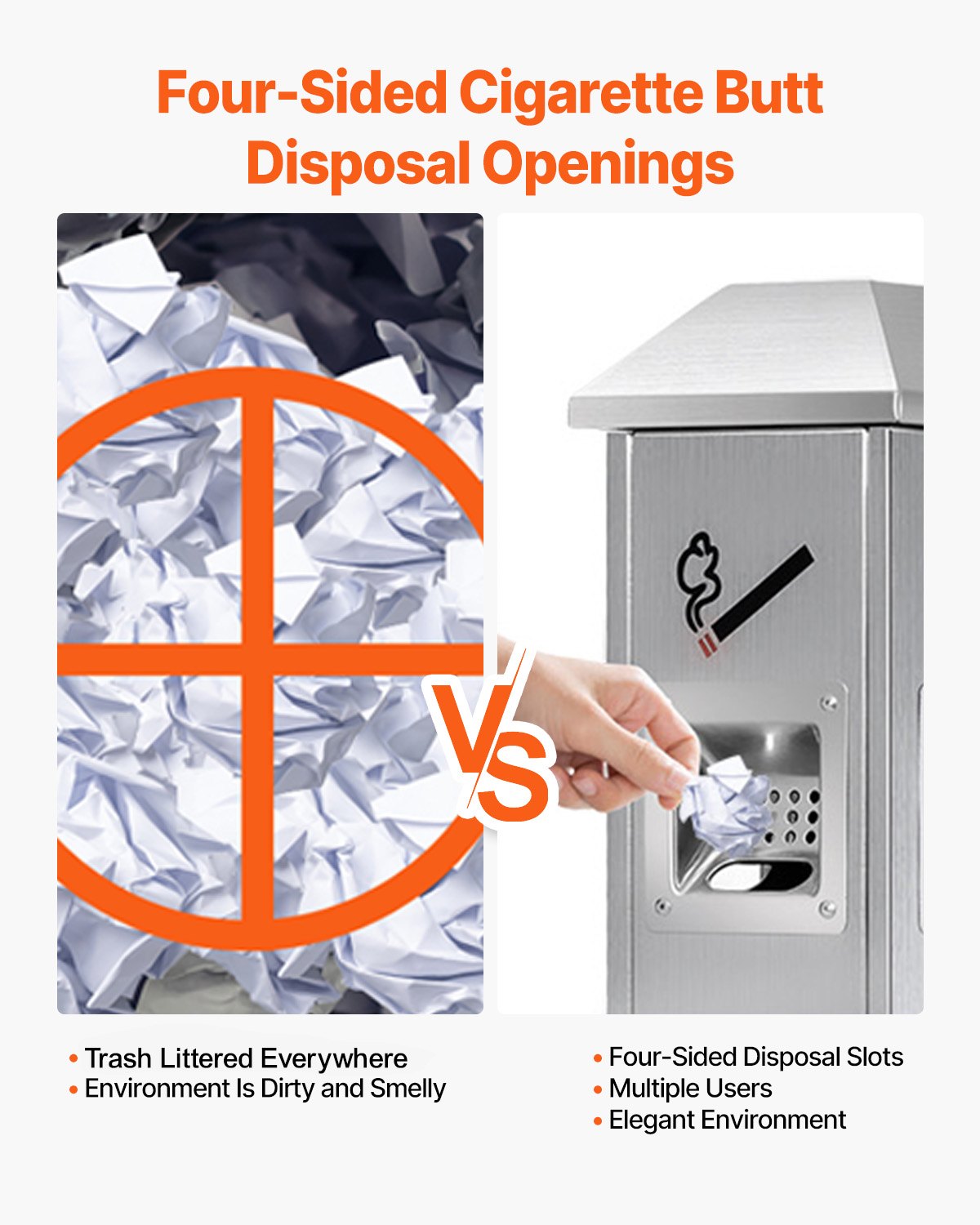 VEVOR Cigarette Butt Receptacle, Square Cigarette Butt Container with 4 Disposal Openings & Top Cover, Stainless Steel Outdoor Cigarette Butt Disposal for Garden, Office, Restaurant, Hotel, Silver