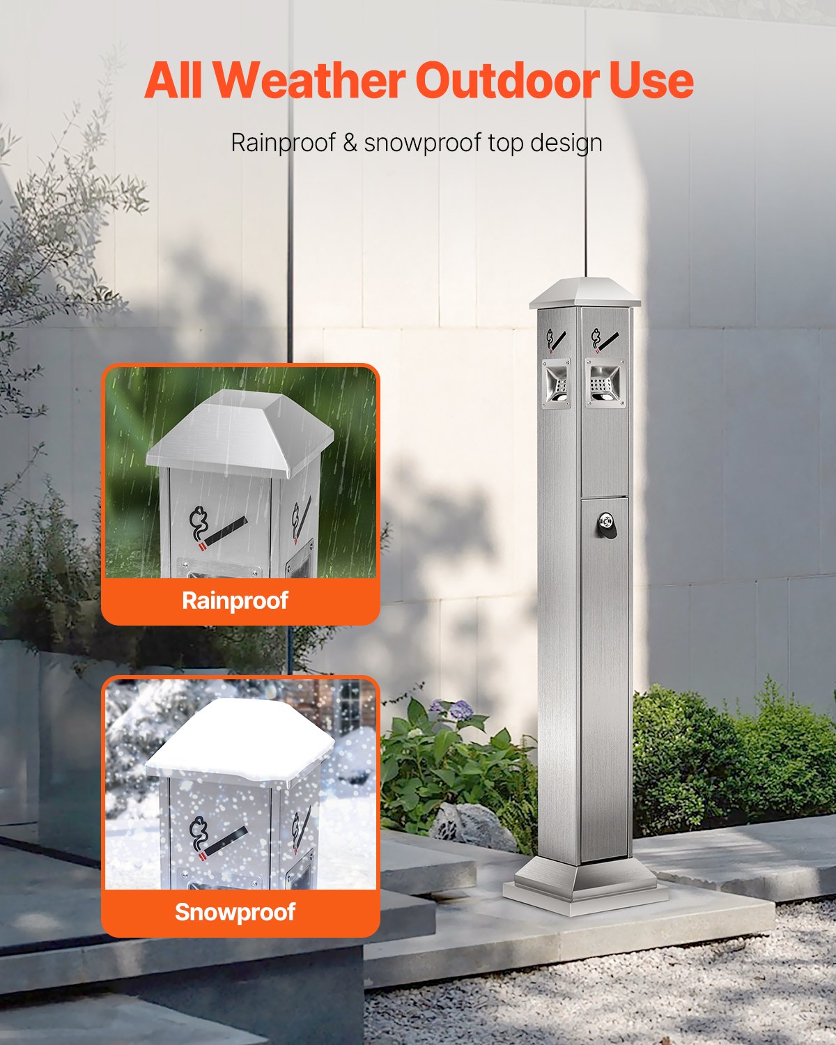 VEVOR Cigarette Butt Receptacle, Square Cigarette Butt Container with 4 Disposal Openings & Top Cover, Stainless Steel Outdoor Cigarette Butt Disposal for Garden, Office, Restaurant, Hotel, Silver