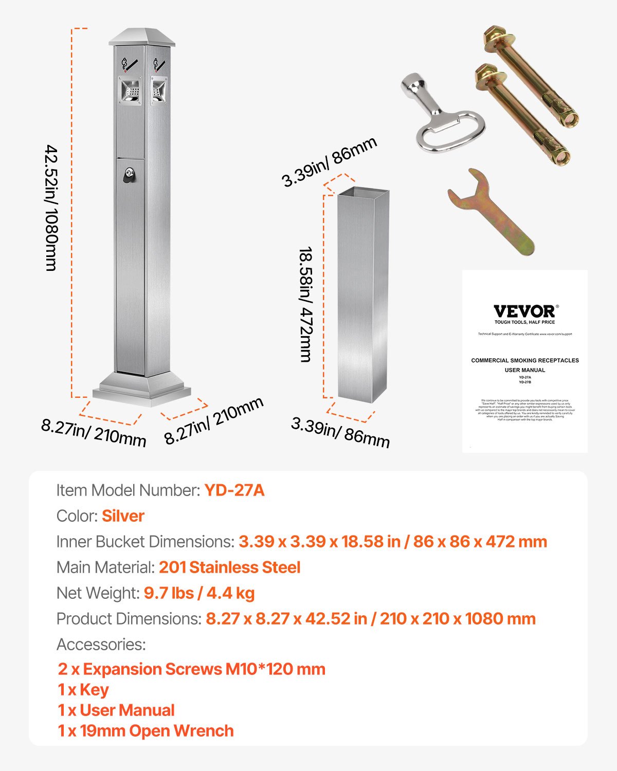 VEVOR Cigarette Butt Receptacle, Square Cigarette Butt Container with 4 Disposal Openings & Top Cover, Stainless Steel Outdoor Cigarette Butt Disposal for Garden, Office, Restaurant, Hotel, Silver