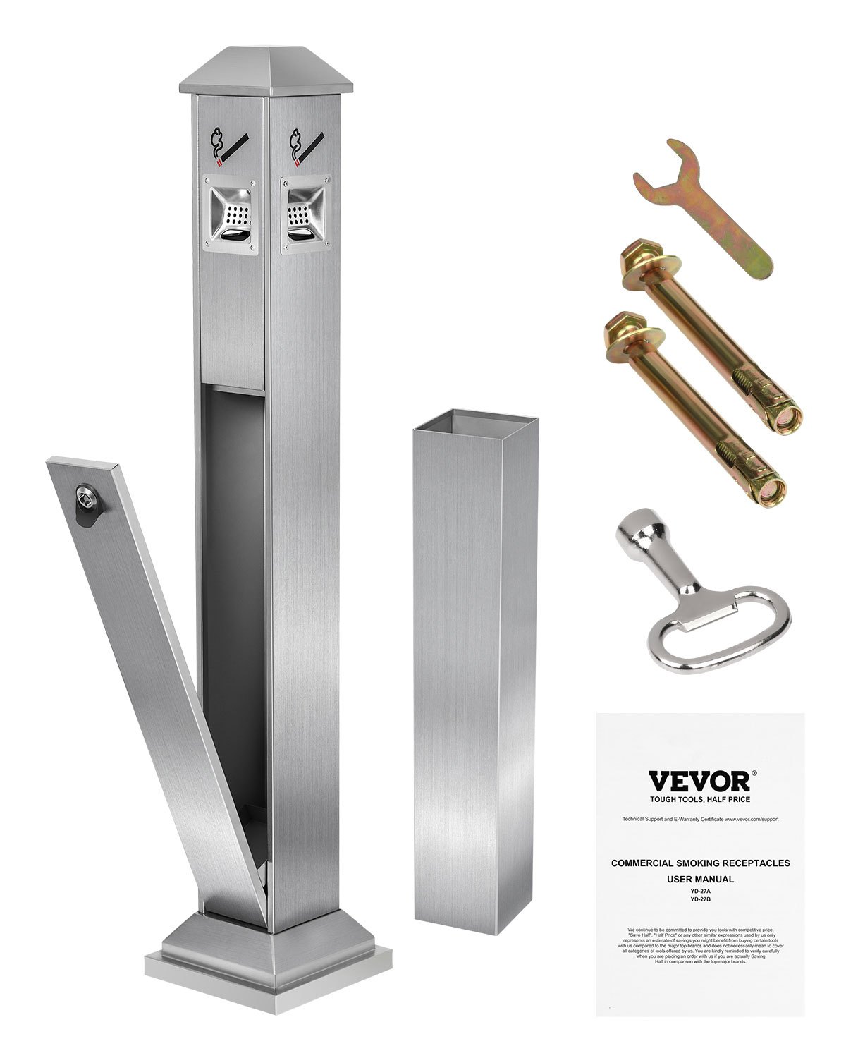 VEVOR Cigarette Butt Receptacle, Square Cigarette Butt Container with 4 Disposal Openings & Top Cover, Stainless Steel Outdoor Cigarette Butt Disposal for Garden, Office, Restaurant, Hotel, Silver