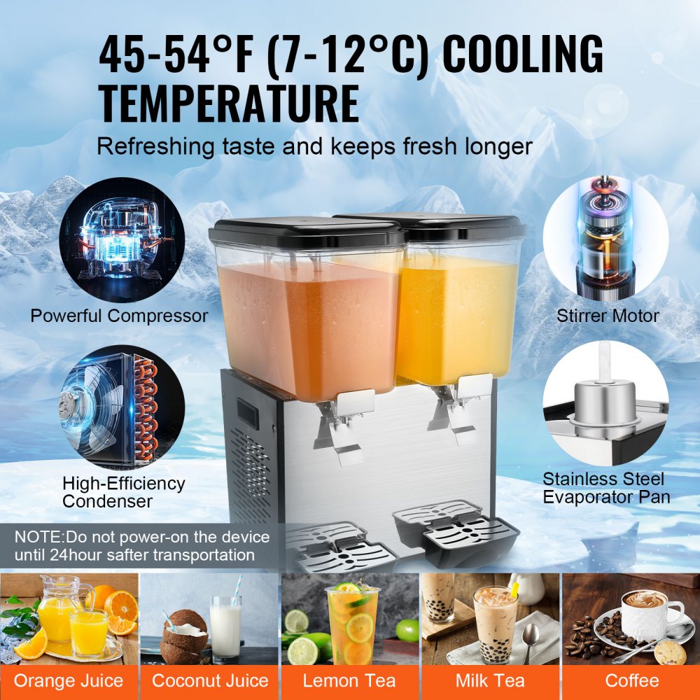 VEVOR Commercial Beverage Dispenser, 2 Tanks 18 L Per Tank Juice Dispenser, 370W Stainless Steel Ice Tea Drink Machine with 45°F-54°F Cooling Temperature, for Cold Drink Restaurant Bar Party