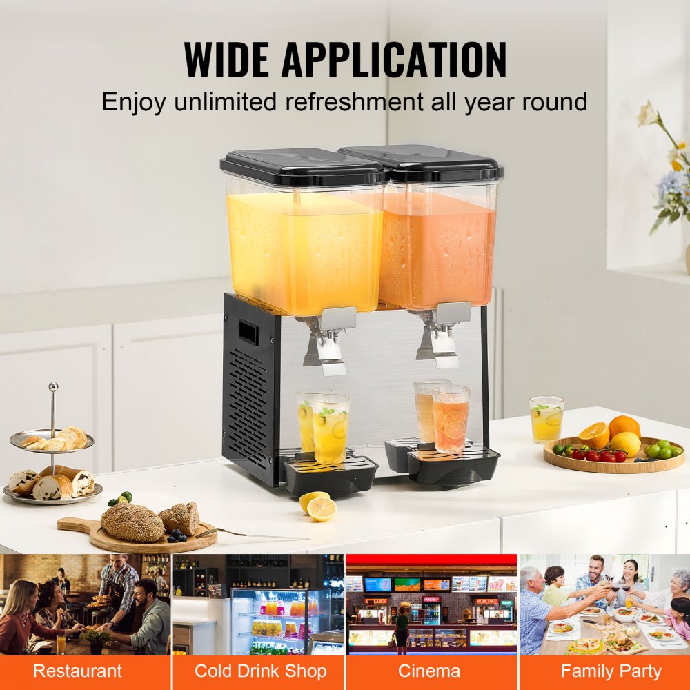 VEVOR Commercial Beverage Dispenser, 2 Tanks 18 L Per Tank Juice Dispenser, 370W Stainless Steel Ice Tea Drink Machine with 45°F-54°F Cooling Temperature, for Cold Drink Restaurant Bar Party
