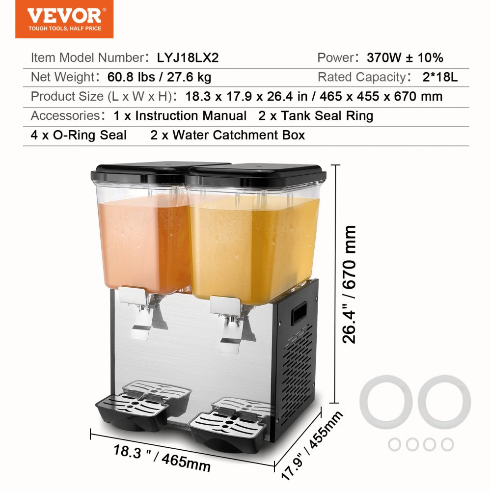 VEVOR Commercial Beverage Dispenser, 2 Tanks 18 L Per Tank Juice Dispenser, 370W Stainless Steel Ice Tea Drink Machine with 45°F-54°F Cooling Temperature, for Cold Drink Restaurant Bar Party