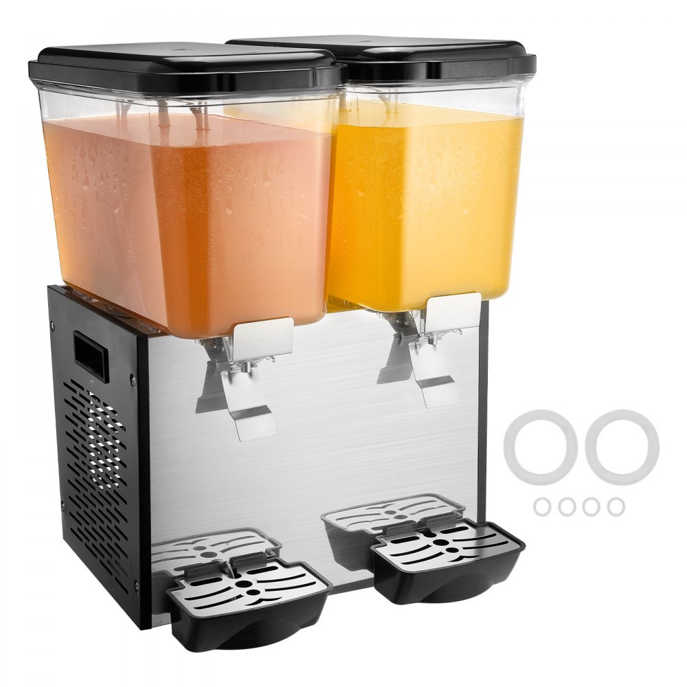 VEVOR Commercial Beverage Dispenser, 2 Tanks 18 L Per Tank Juice Dispenser, 370W Stainless Steel Ice Tea Drink Machine with 45°F-54°F Cooling Temperature, for Cold Drink Restaurant Bar Party