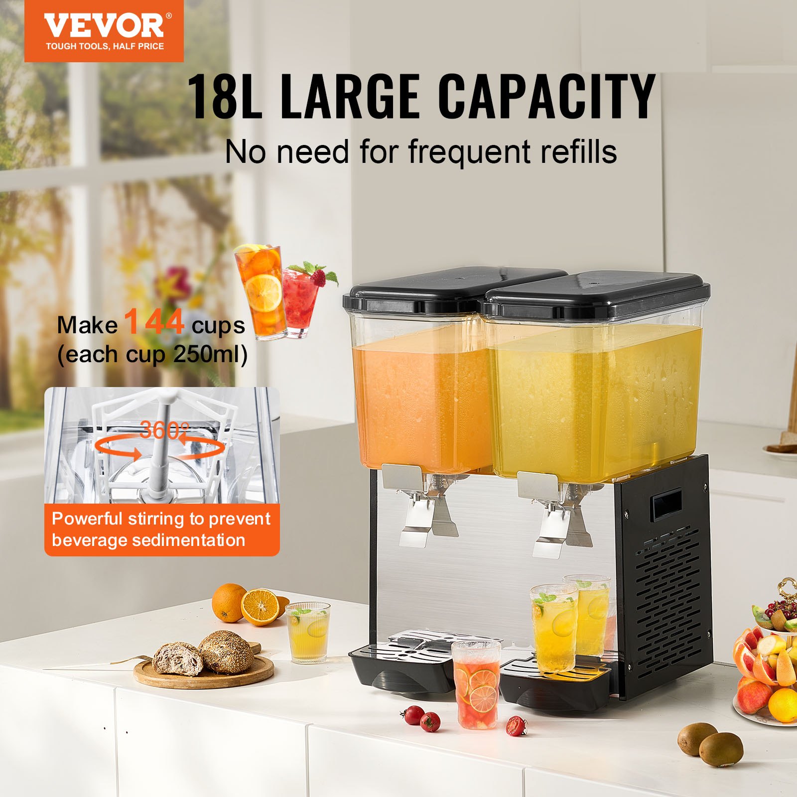 VEVOR Commercial Beverage Dispenser, 2 Tanks 18 L Per Tank Juice Dispenser, 370W Stainless Steel Ice Tea Drink Machine with 45°F-54°F Cooling Temperature, for Cold Drink Restaurant Bar Party