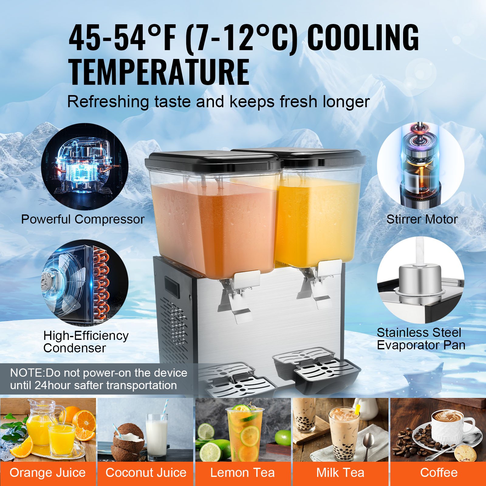 VEVOR Commercial Beverage Dispenser, 2 Tanks 18 L Per Tank Juice Dispenser, 370W Stainless Steel Ice Tea Drink Machine with 45°F-54°F Cooling Temperature, for Cold Drink Restaurant Bar Party