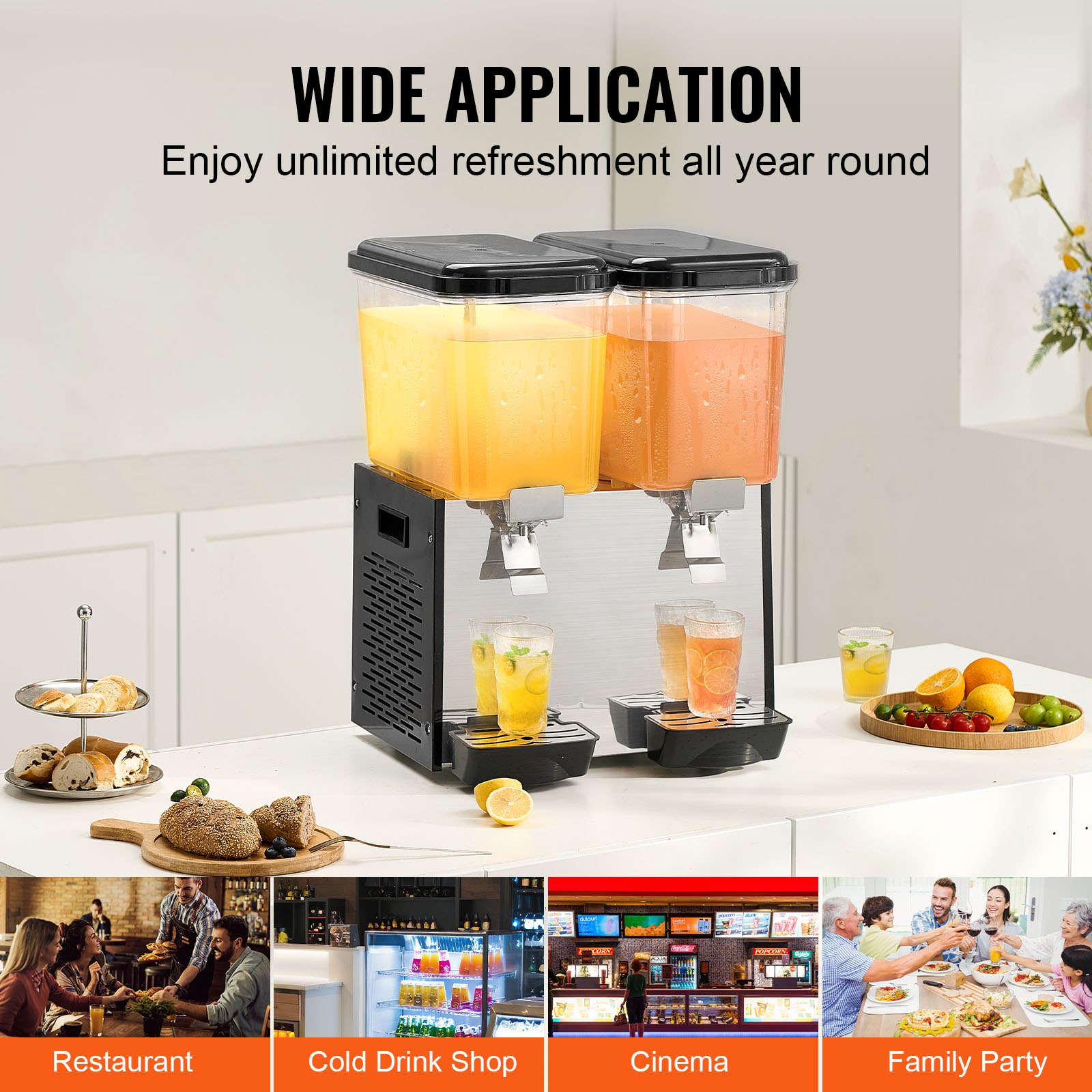VEVOR Commercial Beverage Dispenser, 2 Tanks 18 L Per Tank Juice Dispenser, 370W Stainless Steel Ice Tea Drink Machine with 45°F-54°F Cooling Temperature, for Cold Drink Restaurant Bar Party