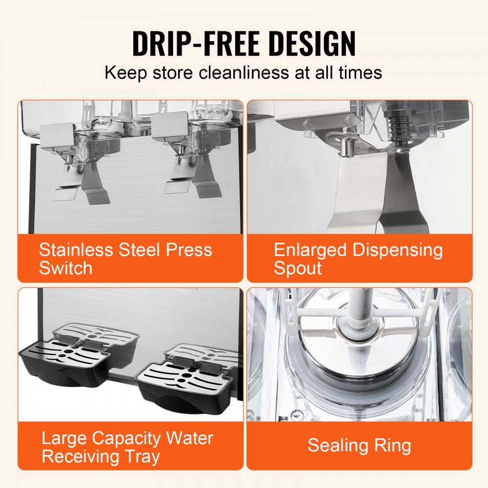 VEVOR Commercial Beverage Dispenser, 2 Tanks 18 L Per Tank Juice Dispenser, 370W Stainless Steel Ice Tea Drink Machine with 7℃-12℃ Cooling Temperature, for Cold Drink Restaurant Bar Party