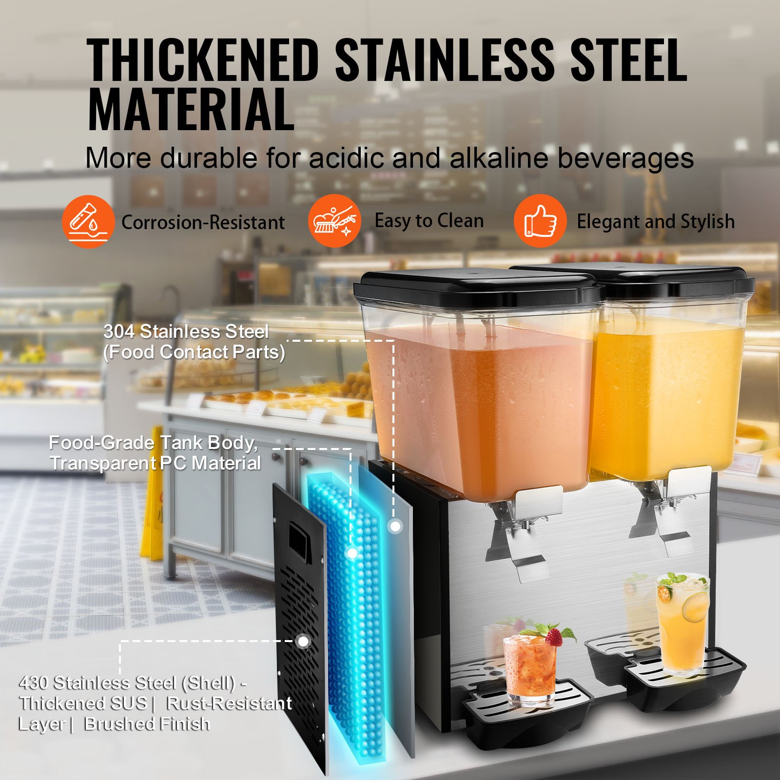 VEVOR Commercial Beverage Dispenser, 2 Tanks 18 L Per Tank Juice Dispenser, 370W Stainless Steel Ice Tea Drink Machine with 7℃-12℃ Cooling Temperature, for Cold Drink Restaurant Bar Party