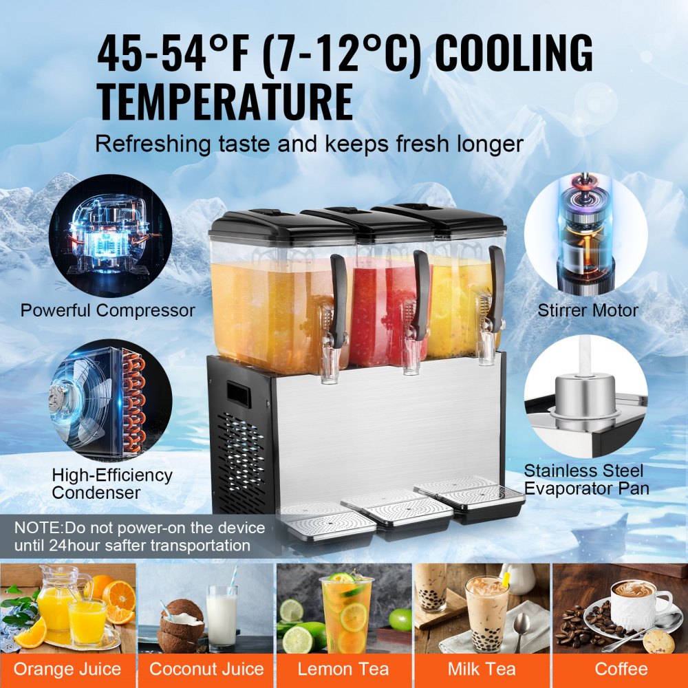 VEVOR Commercial Beverage Dispenser, 3 Tanks 12 L Per Tank Juice Dispenser, 370W Stainless Steel Ice Tea Drink Machine with 45°F-54°F Cooling Temperature, for Cold Drink Restaurant Bar Party