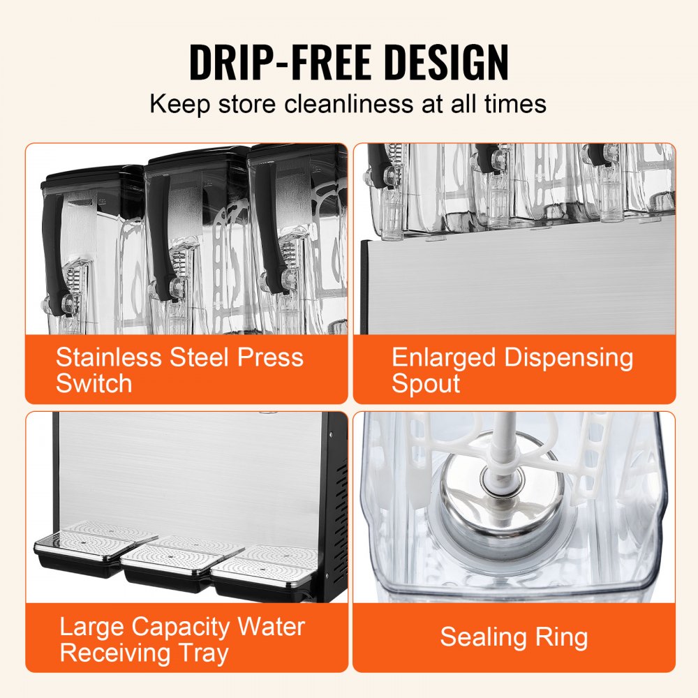 VEVOR Commercial Beverage Dispenser, 3 Tanks 12 L Per Tank Juice Dispenser, 370W Stainless Steel Ice Tea Drink Machine with 45°F-54°F Cooling Temperature, for Cold Drink Restaurant Bar Party