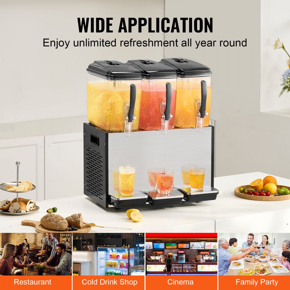 VEVOR Commercial Beverage Dispenser, 3 Tanks 12 L Per Tank Juice Dispenser, 370W Stainless Steel Ice Tea Drink Machine with 45°F-54°F Cooling Temperature, for Cold Drink Restaurant Bar Party
