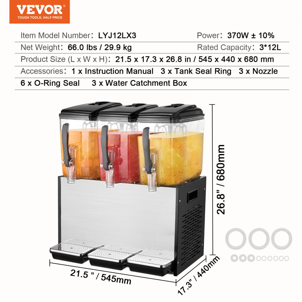 VEVOR Commercial Beverage Dispenser, 3 Tanks 12 L Per Tank Juice Dispenser, 370W Stainless Steel Ice Tea Drink Machine with 45°F-54°F Cooling Temperature, for Cold Drink Restaurant Bar Party