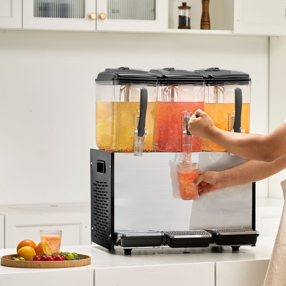 VEVOR Commercial Beverage Dispenser, 3 Tanks 12 L Per Tank Juice Dispenser, 370W Stainless Steel Ice Tea Drink Machine with 45°F-54°F Cooling Temperature, for Cold Drink Restaurant Bar Party
