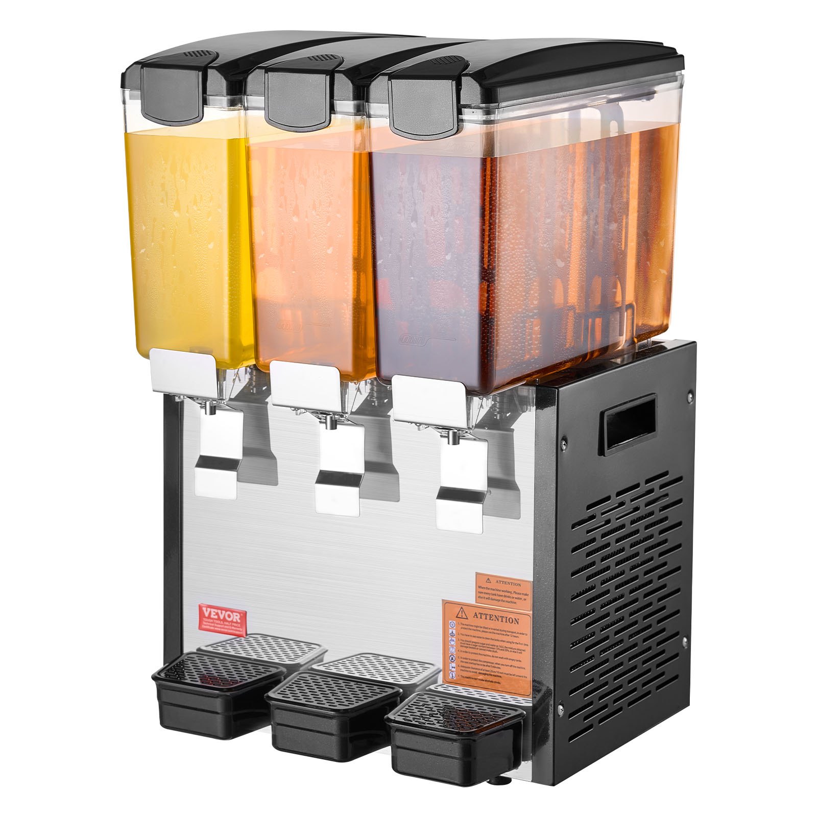 VEVOR Commercial Beverage Dispenser, 3 Tanks 10 L / 10.6 QT Per Tank Juice Dispenser, 440W Stainless Steel Ice Tea Drink Machine with 45°F-54°F Cooling Temperature, for Cold Drink Restaurant Bar Party