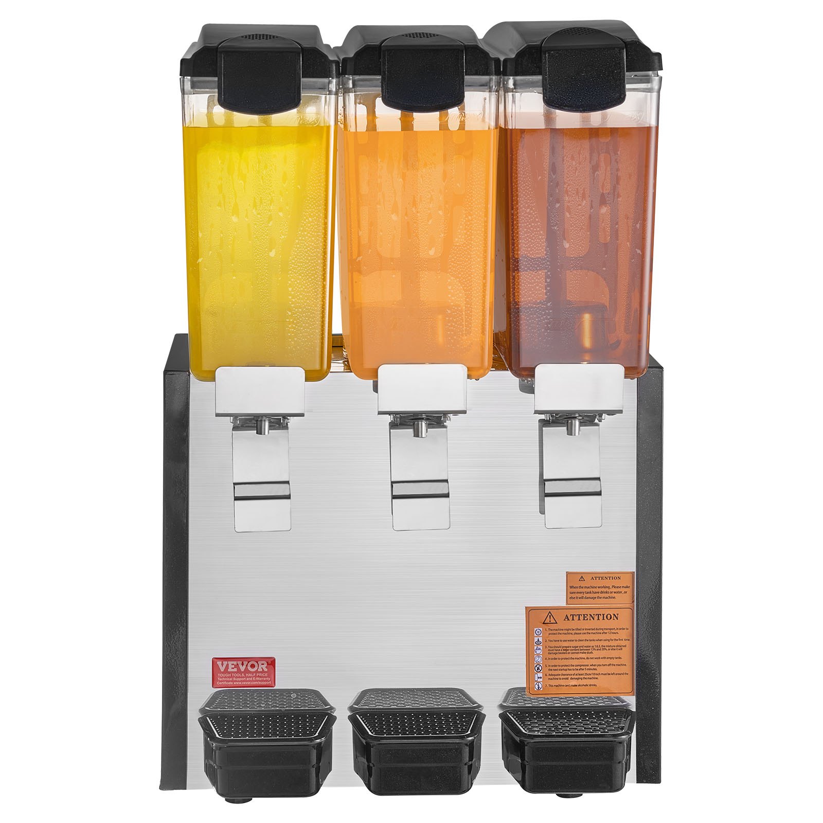 VEVOR Commercial Beverage Dispenser, 3 Tanks 10 L / 10.6 QT Per Tank Juice Dispenser, 440W Stainless Steel Ice Tea Drink Machine with 45°F-54°F Cooling Temperature, for Cold Drink Restaurant Bar Party