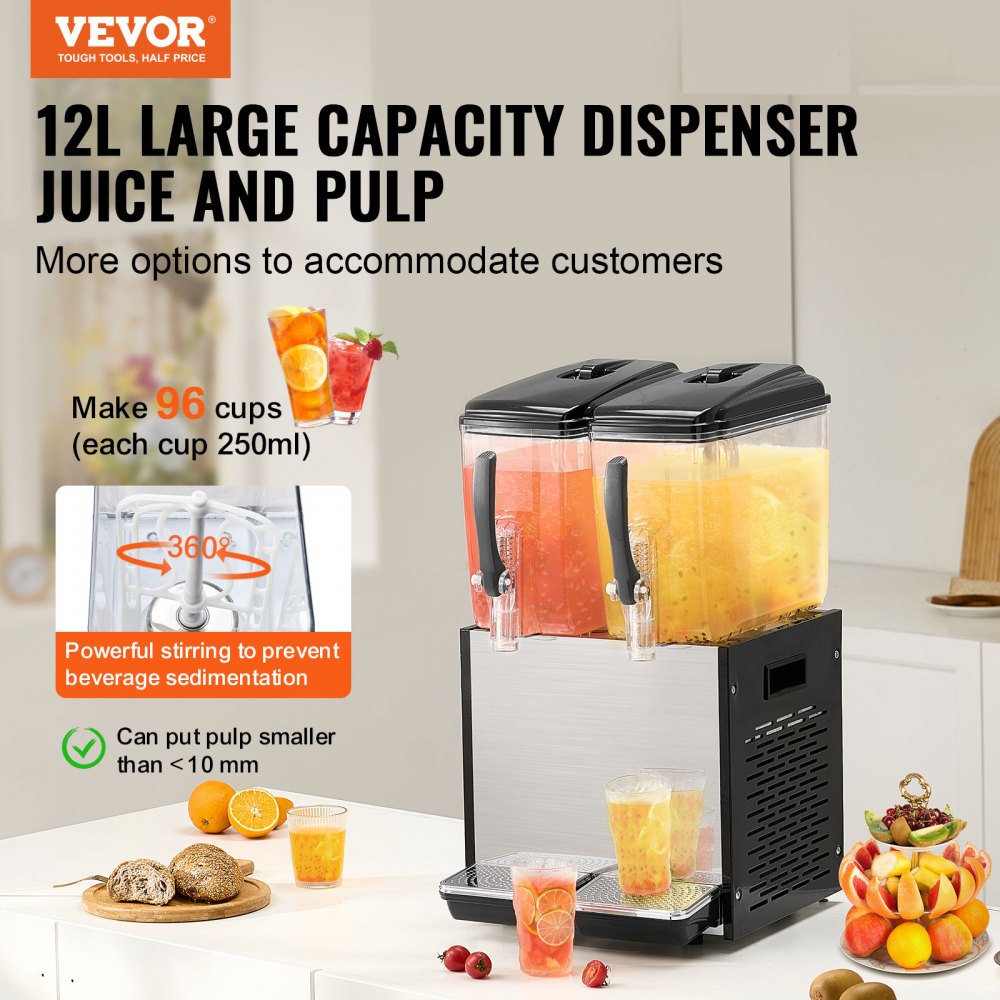 VEVOR Commercial Beverage Dispenser, 2 Tanks 12 L Per Tank Juice Dispenser, 286W Stainless Steel Ice Tea Drink Machine with 45°F-54°F Cooling Temperature, for Cold Drink Restaurant Bar Party