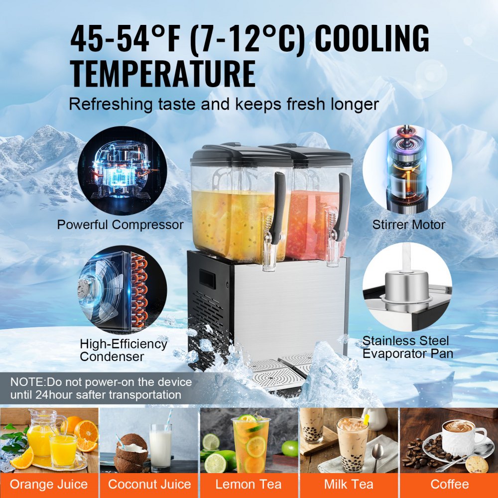 VEVOR Commercial Beverage Dispenser, 2 Tanks 12 L Per Tank Juice Dispenser, 286W Stainless Steel Ice Tea Drink Machine with 45°F-54°F Cooling Temperature, for Cold Drink Restaurant Bar Party