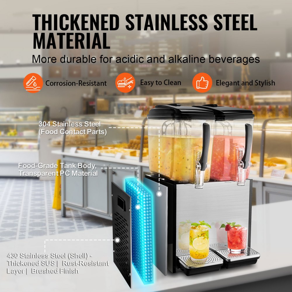 VEVOR Commercial Beverage Dispenser, 2 Tanks 12 L Per Tank Juice Dispenser, 286W Stainless Steel Ice Tea Drink Machine with 45°F-54°F Cooling Temperature, for Cold Drink Restaurant Bar Party
