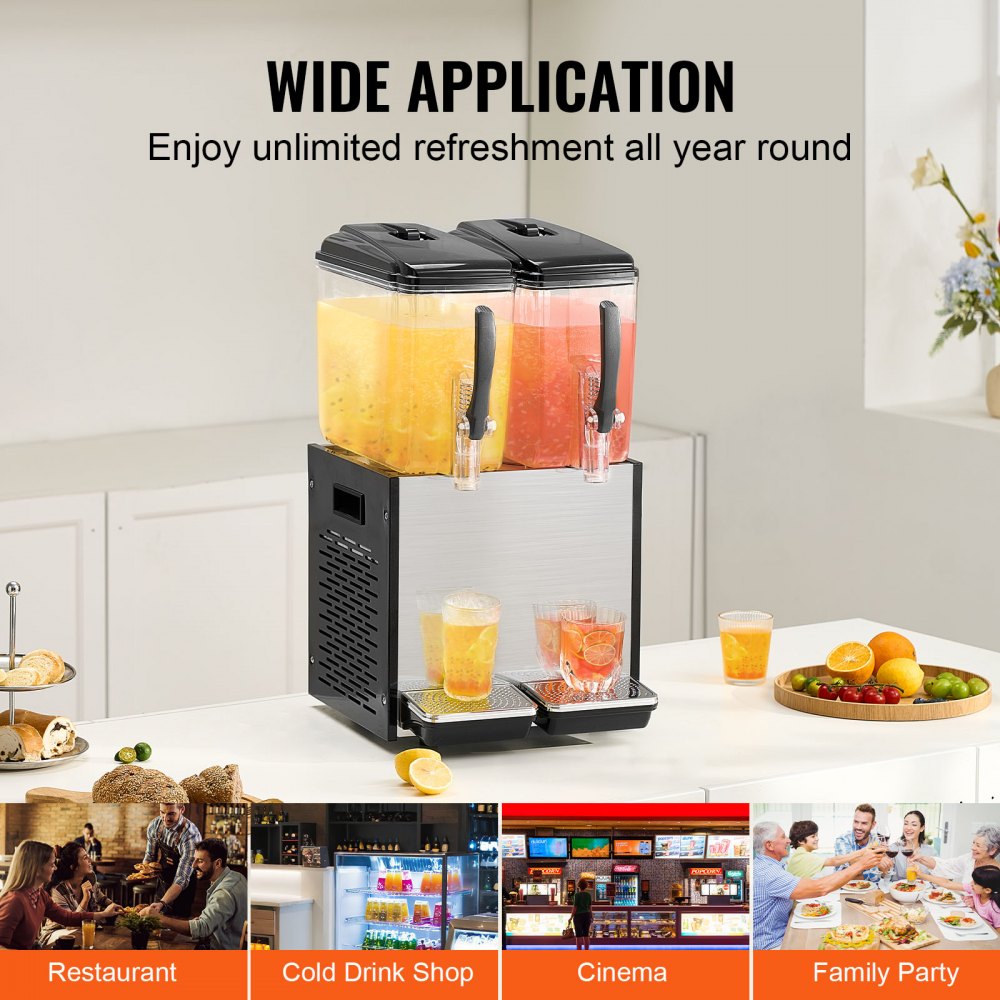 VEVOR Commercial Beverage Dispenser, 2 Tanks 12 L Per Tank Juice Dispenser, 286W Stainless Steel Ice Tea Drink Machine with 45°F-54°F Cooling Temperature, for Cold Drink Restaurant Bar Party