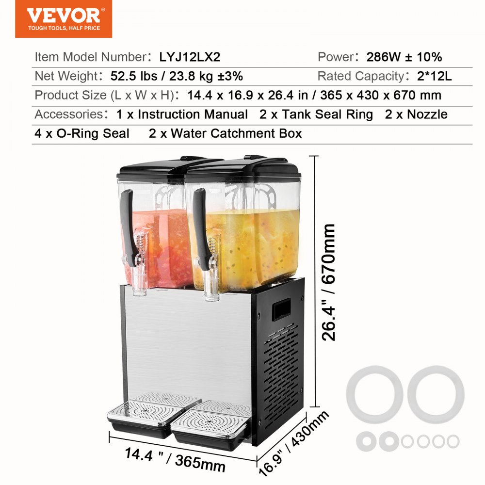 VEVOR Commercial Beverage Dispenser, 2 Tanks 12 L Per Tank Juice Dispenser, 286W Stainless Steel Ice Tea Drink Machine with 45°F-54°F Cooling Temperature, for Cold Drink Restaurant Bar Party
