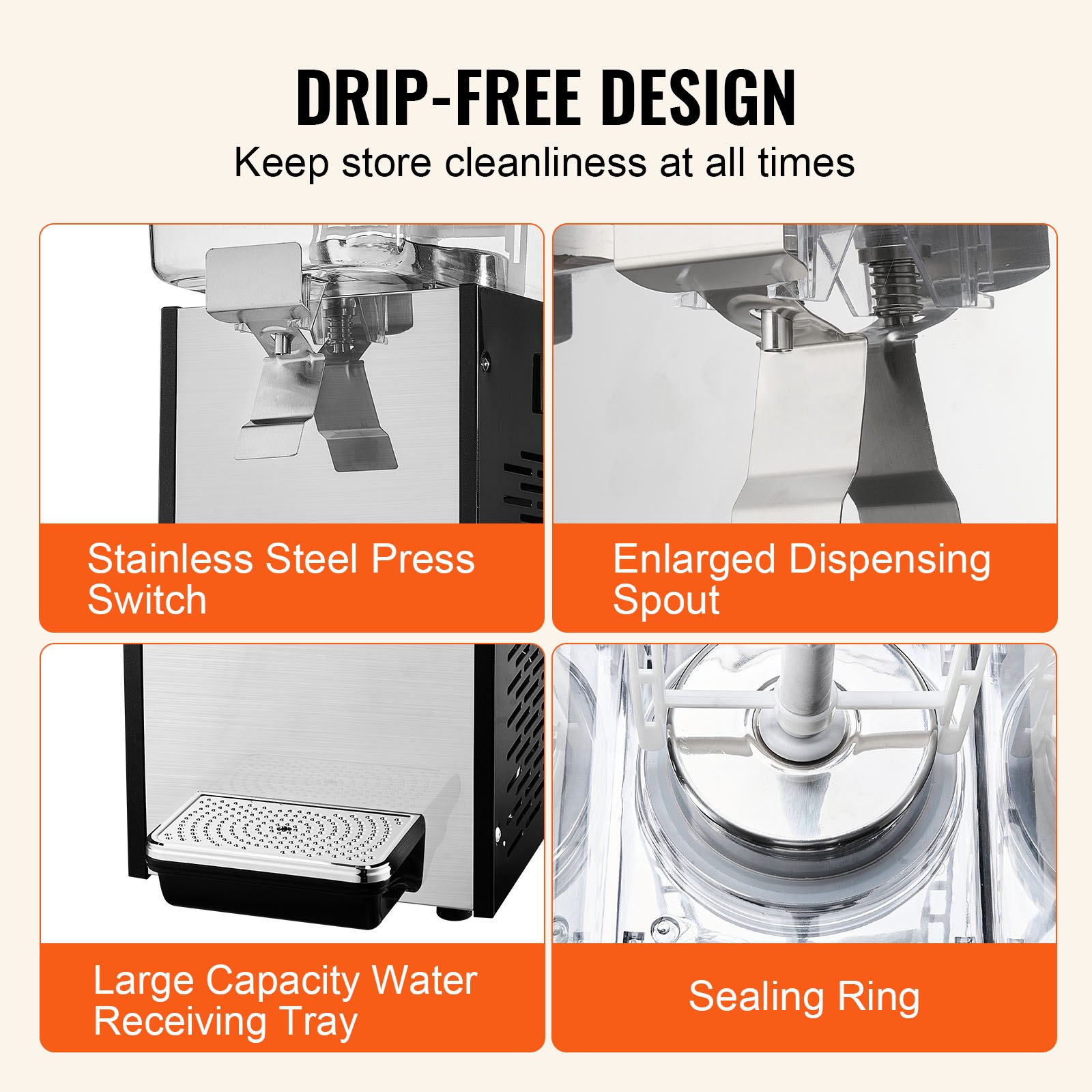 VEVOR Commercial Beverage Dispenser, 18 L Juice Dispenser, 300W 304 Stainless Steel Food Grade Ice Tea Drink Machine with 7℃-12℃ Cooling Temperature, for Cold Drink Restaurant Bar Party