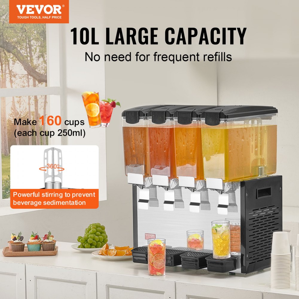 VEVOR Commercial Beverage Dispenser, 4 Tanks 10 L Per Tank Juice Dispenser, 430W Stainless Steel Ice Tea Drink Machine with 45°F-54°F Cooling Temperature, for Cold Drink Restaurant Bar Party