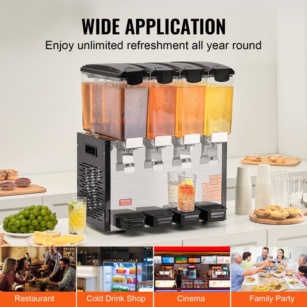 VEVOR Commercial Beverage Dispenser, 4 Tanks 10 L Per Tank Juice Dispenser, 430W Stainless Steel Ice Tea Drink Machine with 45°F-54°F Cooling Temperature, for Cold Drink Restaurant Bar Party