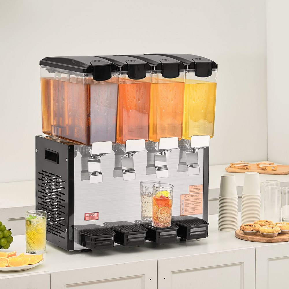 VEVOR Commercial Beverage Dispenser, 4 Tanks 10 L Per Tank Juice Dispenser, 430W Stainless Steel Ice Tea Drink Machine with 45°F-54°F Cooling Temperature, for Cold Drink Restaurant Bar Party