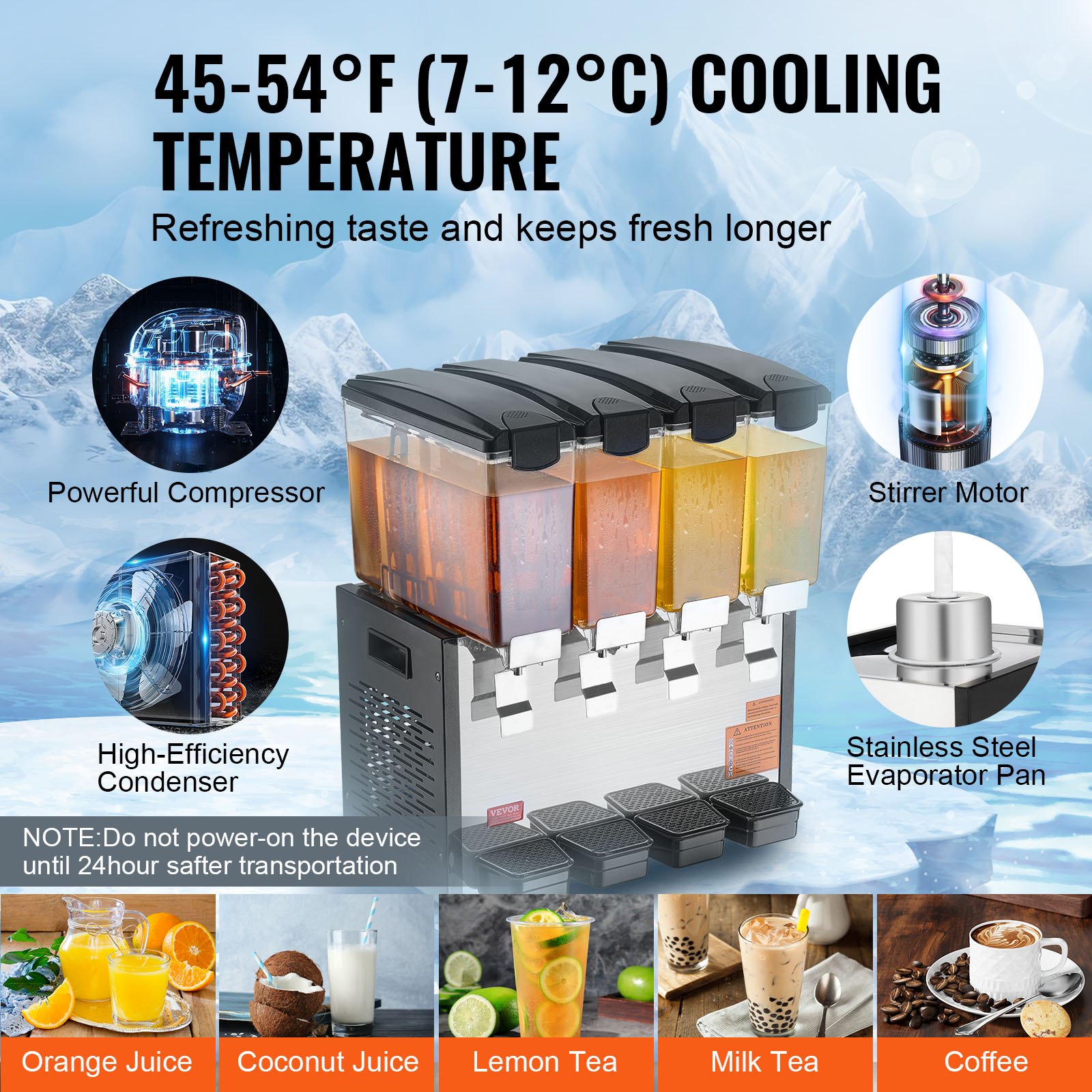 VEVOR Commercial Beverage Dispenser, 4 Tanks 10 L Per Tank Juice Dispenser, 430W Stainless Steel Ice Tea Drink Machine with 45°F-54°F Cooling Temperature, for Cold Drink Restaurant Bar Party